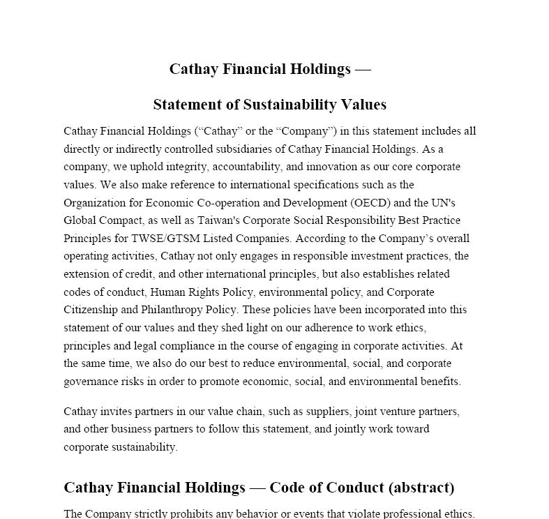 Cathay Financial Holdings Statement of Sustainability Value