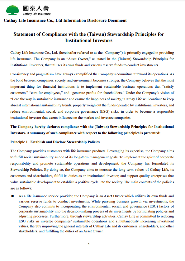 Compliance Statement-Stewardship Principles for Institutional Investors